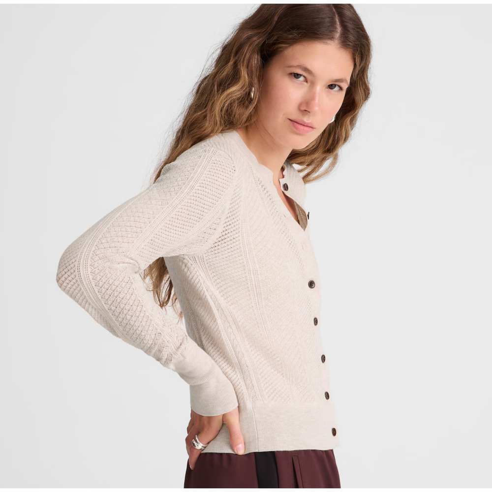 Madewell The Signature Knit Pointelle Cardigan Cropped Small Heather Grey Oat